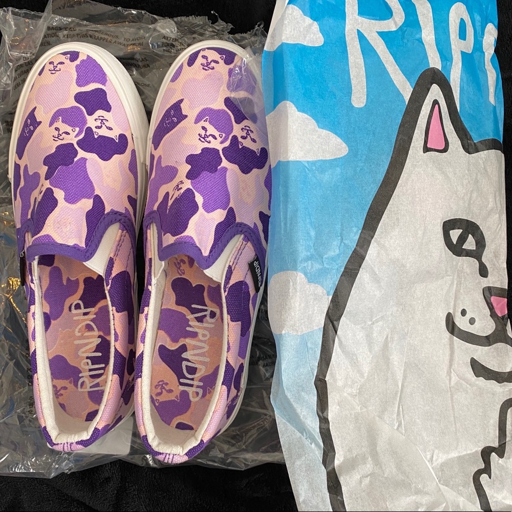 NEW RIPNDIP PURPLE CAMO SLIP ONS